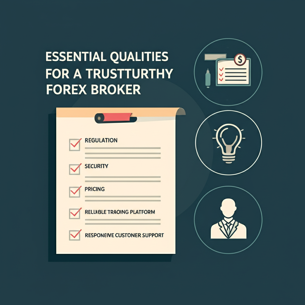 A checklist of essential qualities for a trustworthy forex broker with icons illustration