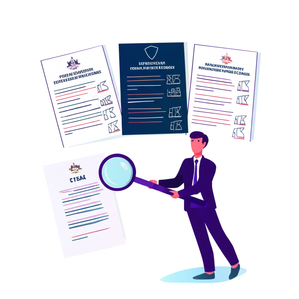Illustration Thai investor reviewing various regulated forex broker licenses like ASIC CySEC FCA and a magnifying glass