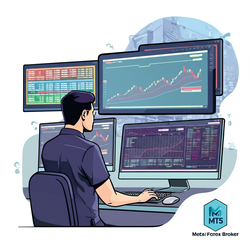 illustration of a Thai trader looking at multiple MT5 screens with charts and data a secure forex broker logo nearby