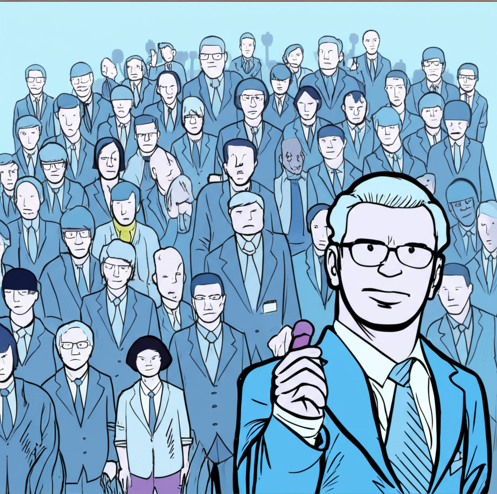 An illustration of a lone contrarian trader going opposite a crowd of traders with extreme sentiment