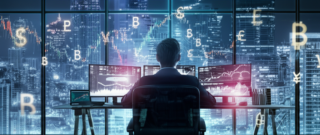 A Thai investor sitting in front of multiple screens analyzing forex charts with currency symbols floating around a futuristic cityscape illustration