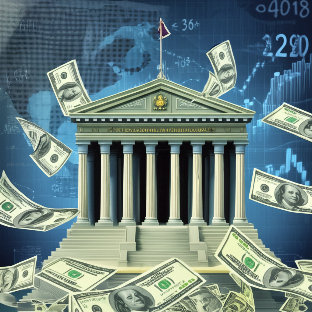 อาคารธนาคารกลางพร้อมธนบัตรดอลลาร์และกราฟข้อมูลเศรษฐกิจที่ส่งผลต่อราคาทองคำ เงินเฟ้อ และการจ้างงาน