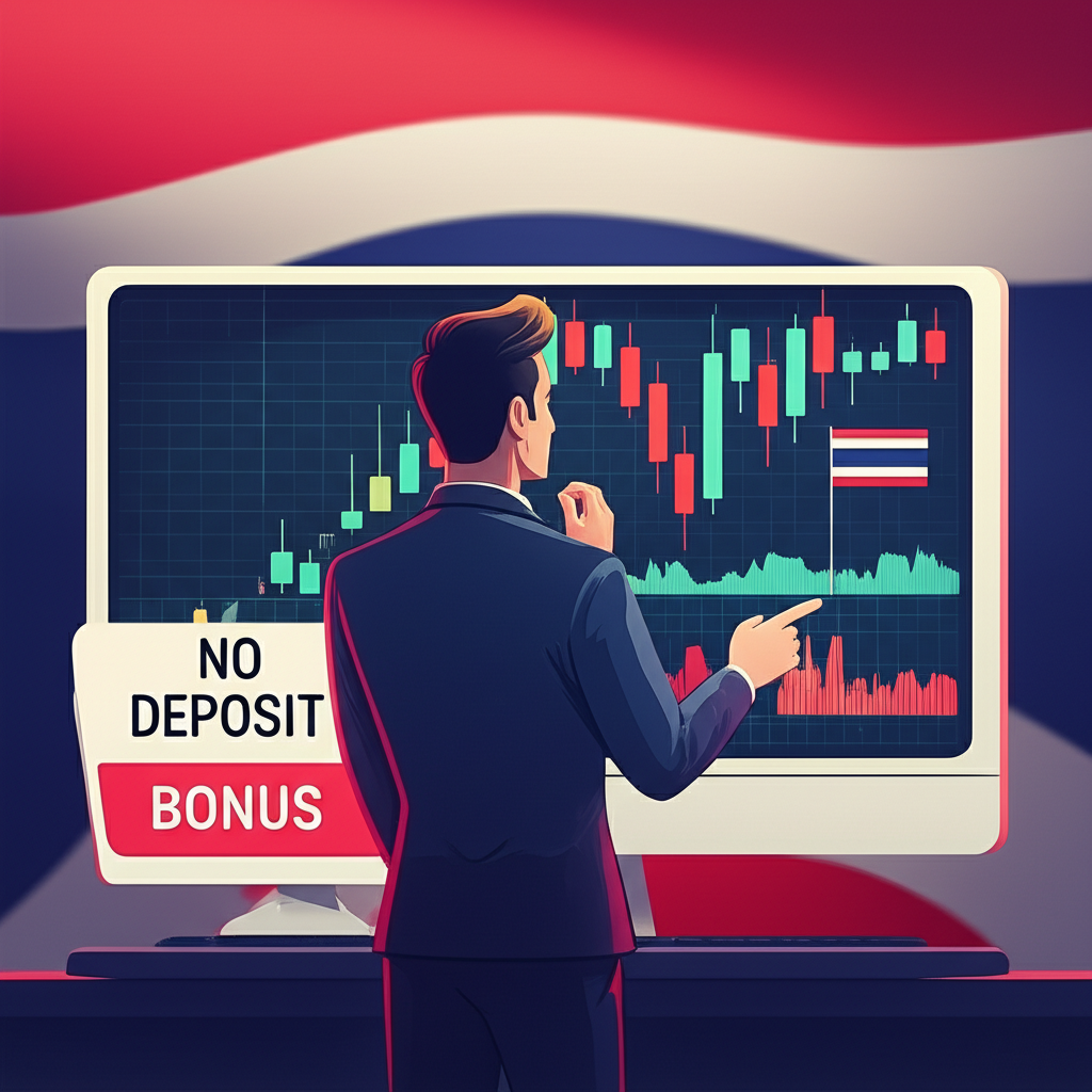 ภาพประกอบของบุคคลที่กำลังดูกราฟฟอเร็กซ์อย่างมั่นใจ พร้อมป้าย No Deposit Bonus และธงชาติไทยเบื้องหลัง