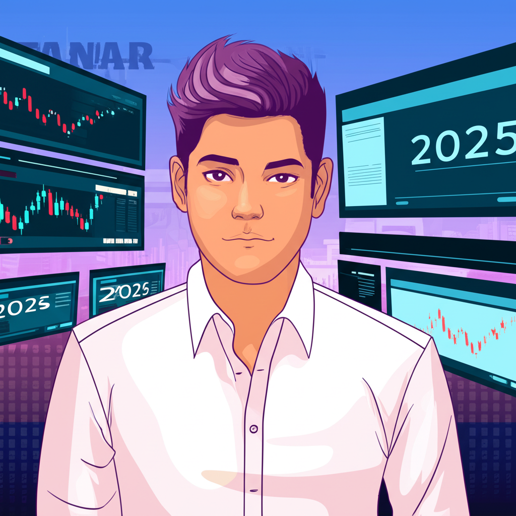 illustration of a Thai trader confidently looking at multiple forex trading platforms on a screen with 2025 graphics in the background