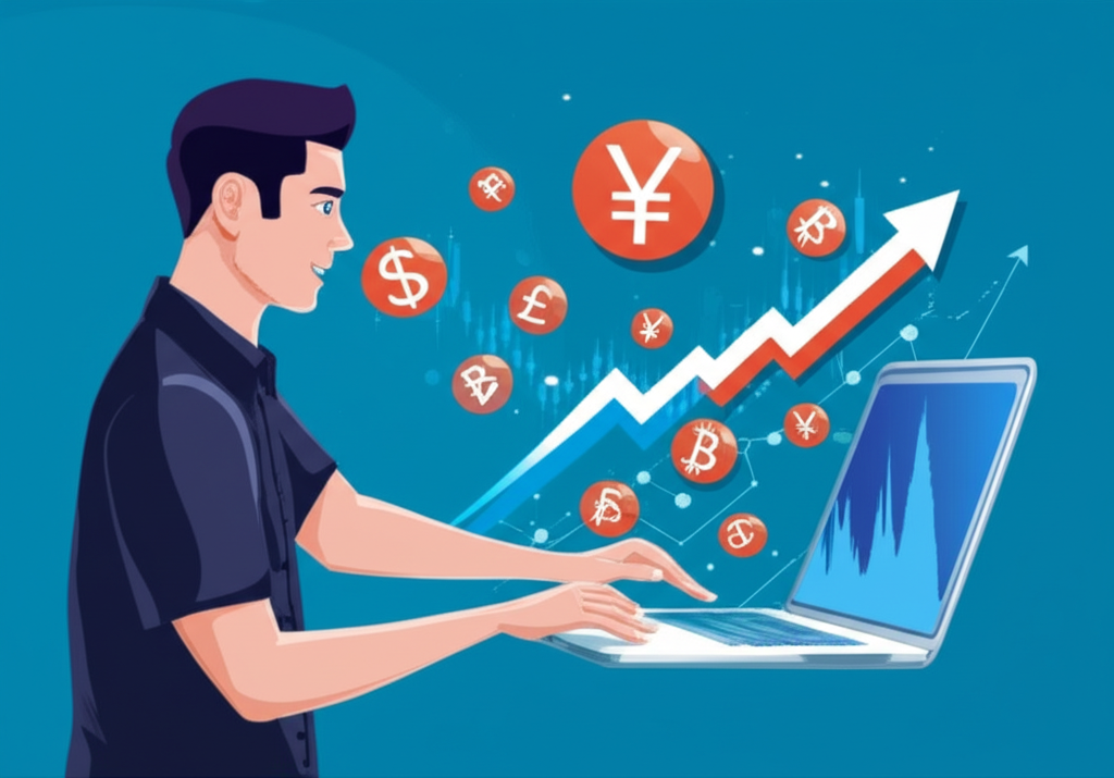 นักเทรดชาวไทยใช้แพลตฟอร์มเทรด Forex อย่างมั่นใจ ด้วยกราฟและสัญลักษณ์สกุลเงินลอยอยู่รอบตัว สื่อถึงความปลอดภัยและความทันสมัย