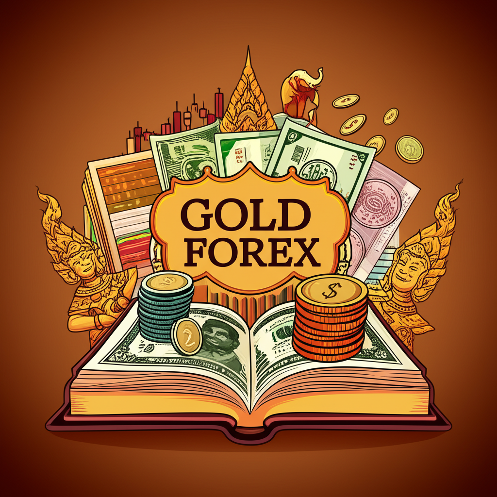 หนังสือคู่มือการซื้อขายทองคำในตลาด Forex รายละเอียดครบ ล้อมรอบด้วยแผนภูมิการเทรด เงินตรา และองค์ประกอบวัฒนธรรมไทย