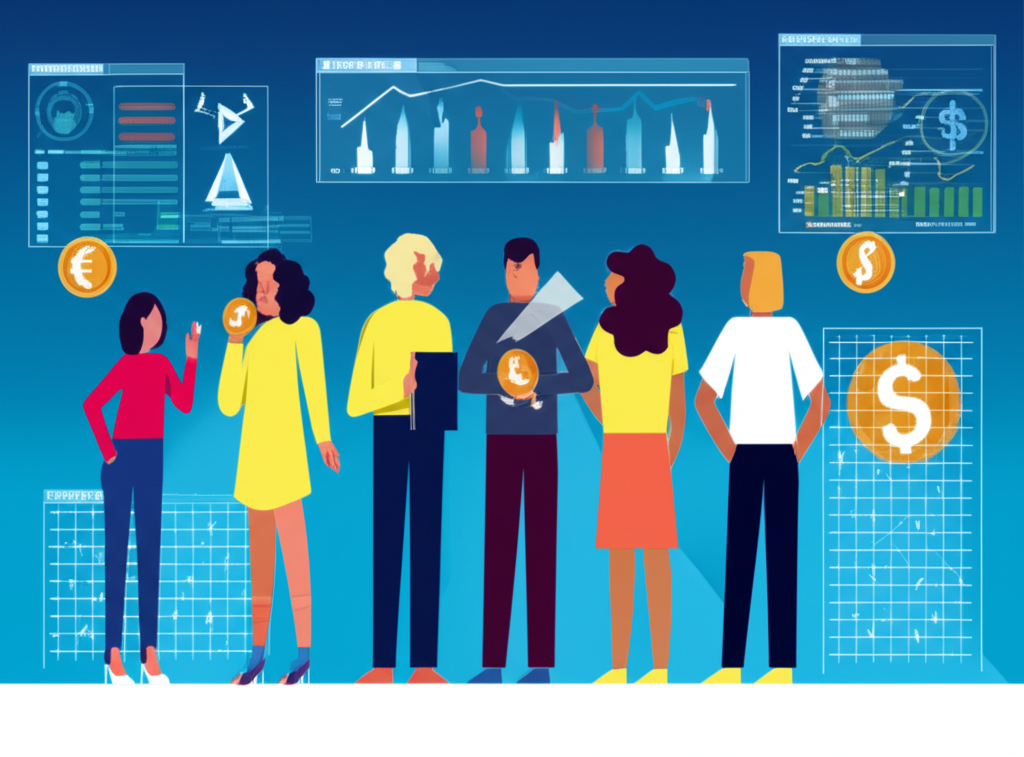 ภาพประกอบคนกำลังสนทนาเกี่ยวกับการเทรดบนหน้าจอดิจิทัลพร้อมสัญลักษณ์เงินและการไหลเวียนข้อมูลที่รวดเร็วเพื่อสร้างความมั่งคั่ง