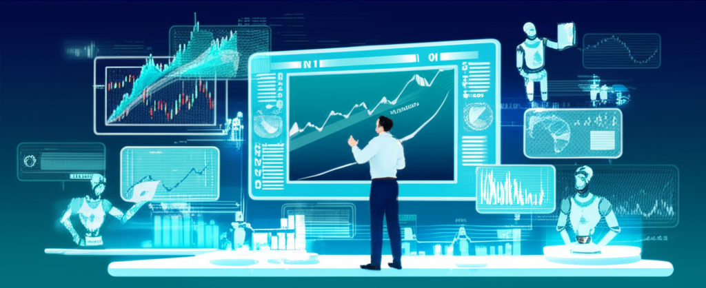 ภาพประกอบของนักเทรดนำทางในตลาด Forex แบบอนาคตที่มีหุ่นยนต์ AI และกราฟดิจิทัล สื่อถึงนวัตกรรมและการปรับตัวเข้ากับกฎระเบียบใหม่