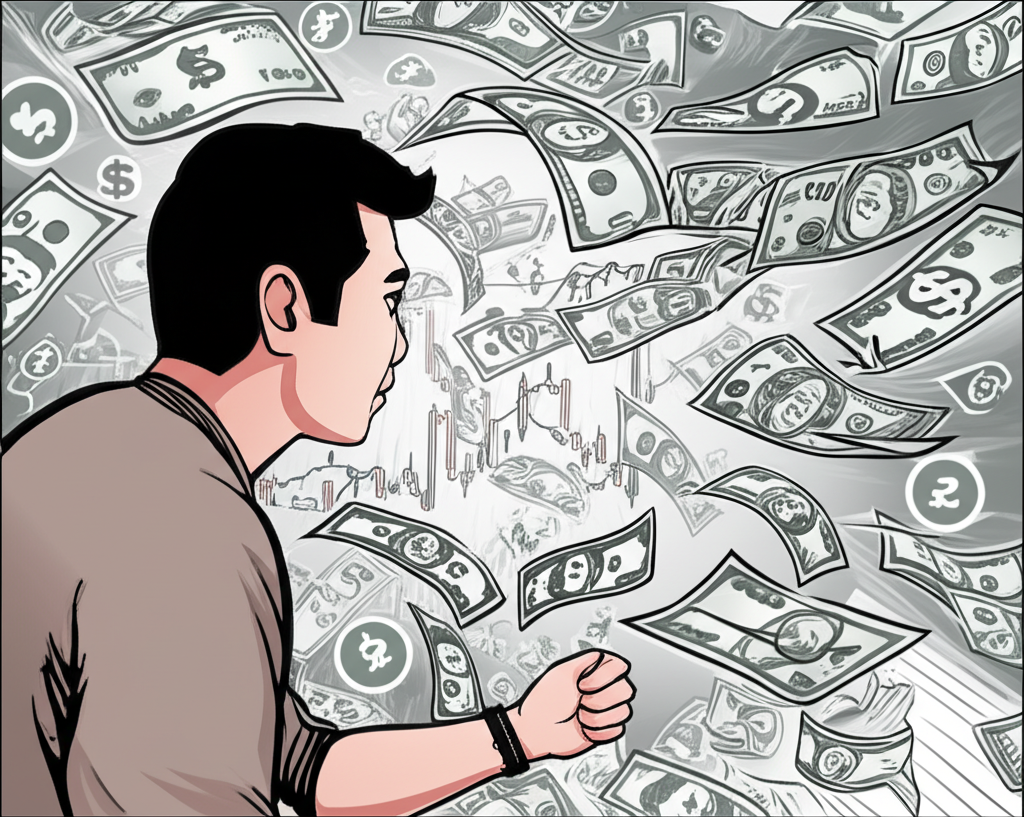 illustration of a thai trader looking at a screen with forex charts symbols money flowing around representing market opportunities and risks