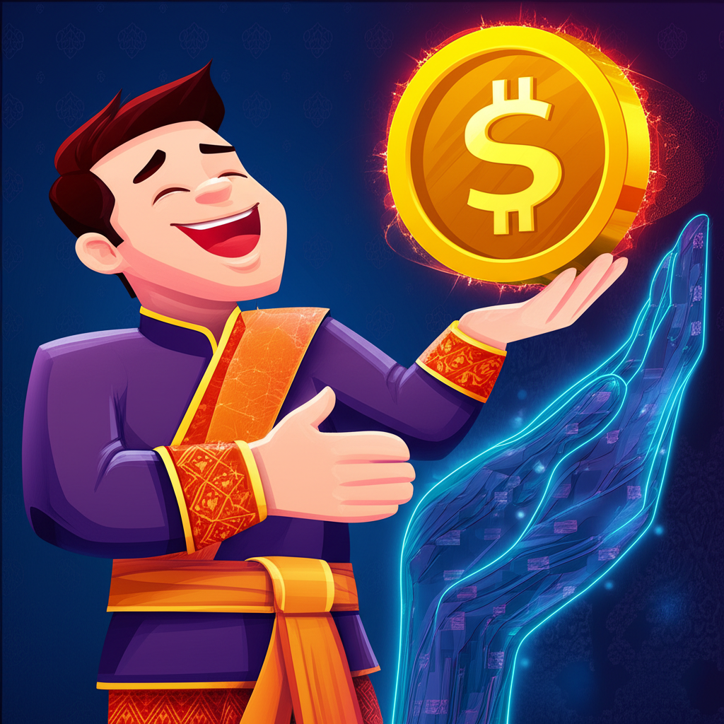 A happy Thai trader receiving a large golden bonus coin from a digital forex broker illustration