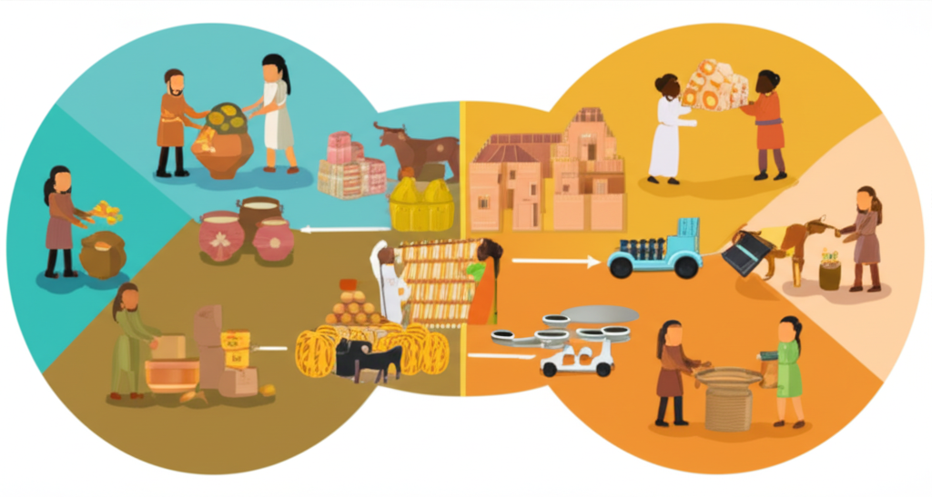 ภาพประกอบผู้คนแลกเปลี่ยนสินค้าตั้งแต่สมัยโบราณจนถึงยุคสมัยใหม่ที่แสดงถึงการแลกเปลี่ยนและ Trading ทั่วไป