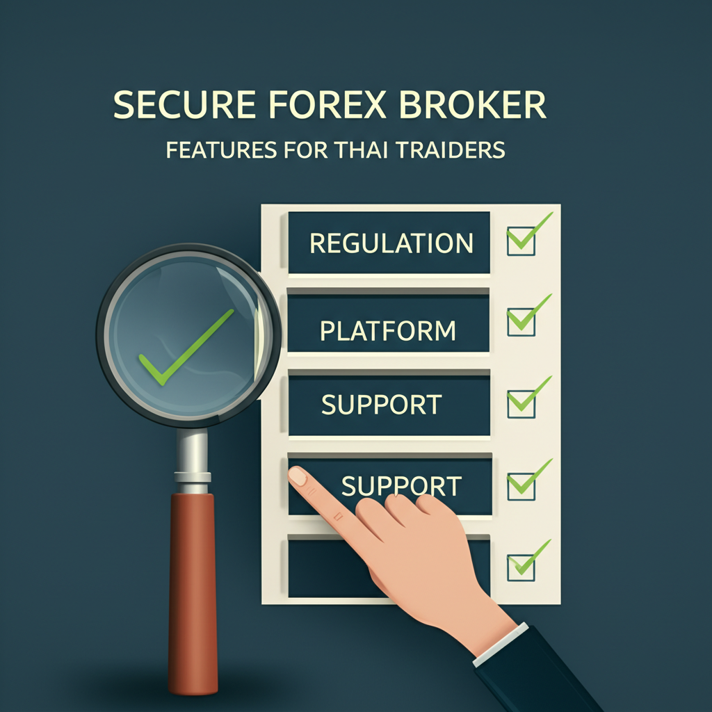 ภาพประกอบแว่นขยายตรวจสอบคุณสมบัติโบรกเกอร์ Forex ที่ปลอดภัย เช่น การกำกับดูแล แพลตฟอร์ม และการสนับสนุนลูกค้าสำหรับนักเทรดไทย