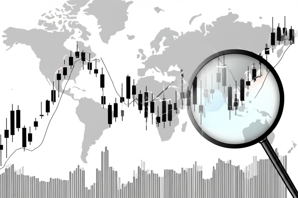 financial chart candlestick volume bars magnifying glass analyzing historical forex data map market movements