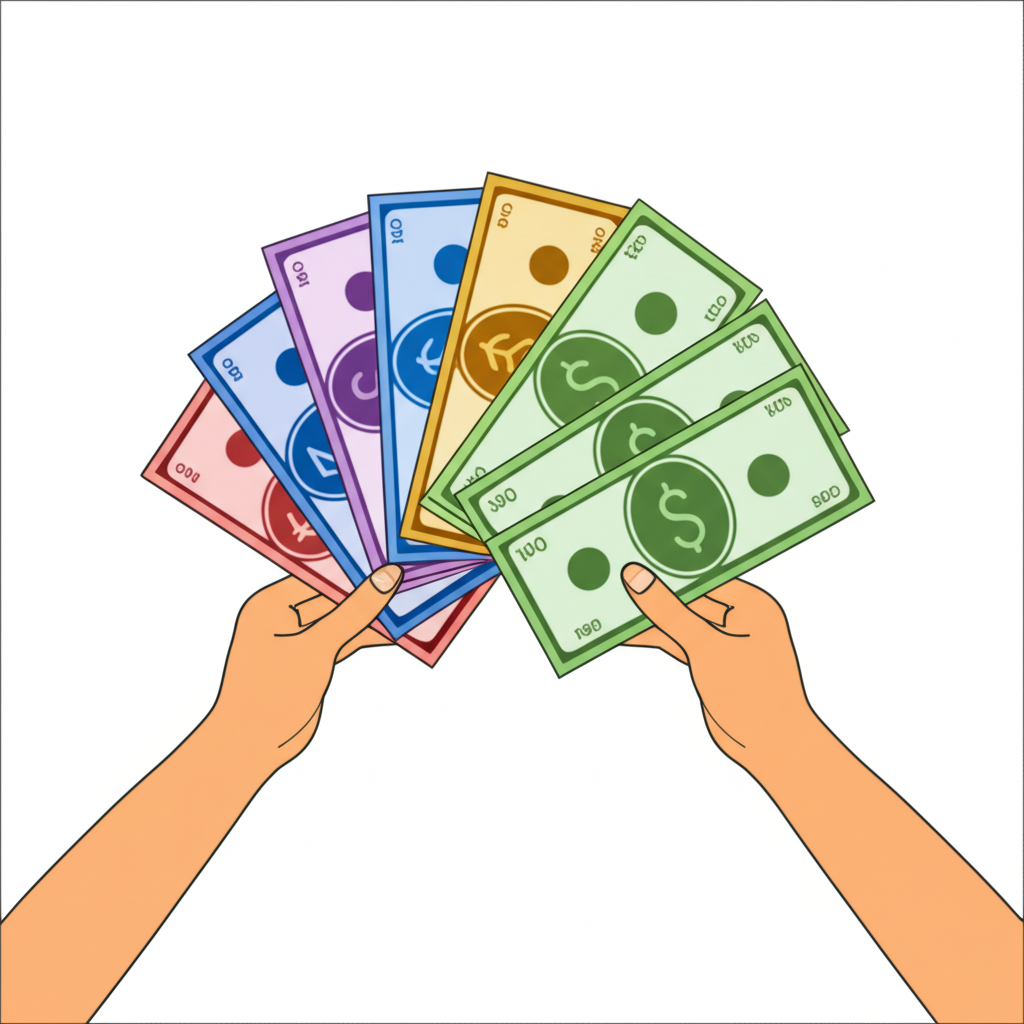 ภาพประกอบมือแลกเปลี่ยนธนบัตรสกุลเงินต่างๆ อย่างราบรื่น แสดงถึงสภาพคล่องสูงและราคาที่มั่นคง