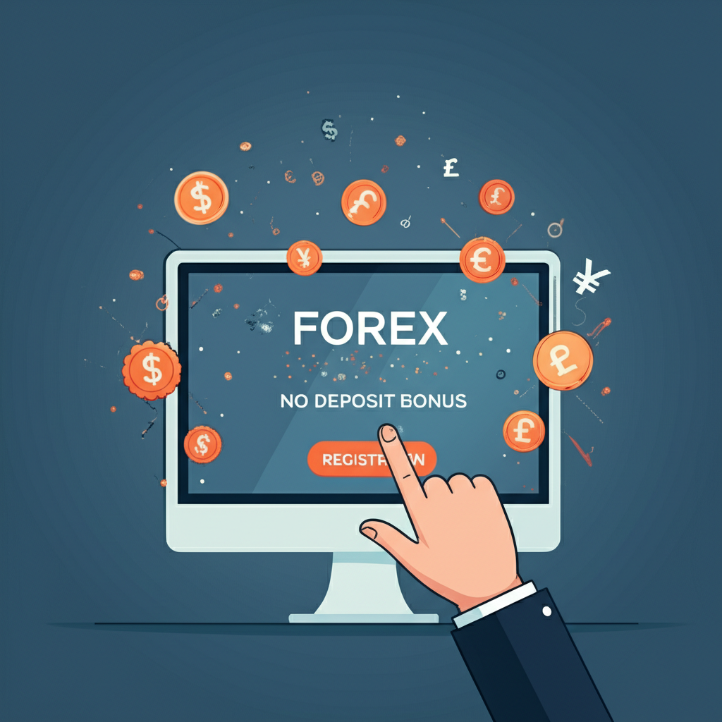 ภาพประกอบของมือที่กำลังคลิกปุ่มลงทะเบียนบนหน้าจอคอมพิวเตอร์ พร้อมข้อความ Forex No Deposit Bonus และสัญลักษณ์สกุลเงินลอยรอบๆ