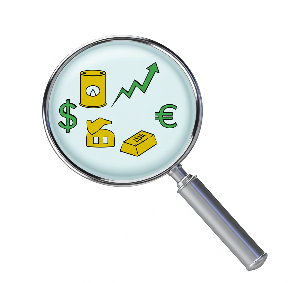 ภาพประกอบแว่นขยายตรวจสอบตัวชี้วัดเศรษฐกิจที่ส่งผลต่อราคาทองคำ