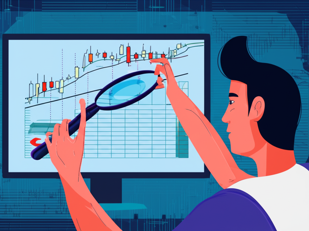 เทรดเดอร์กำลังวิเคราะห์รูปแบบกราฟ Forex ที่ซับซ้อนด้วยแว่นขยายและข้อมูลจิตวิทยาตลาด