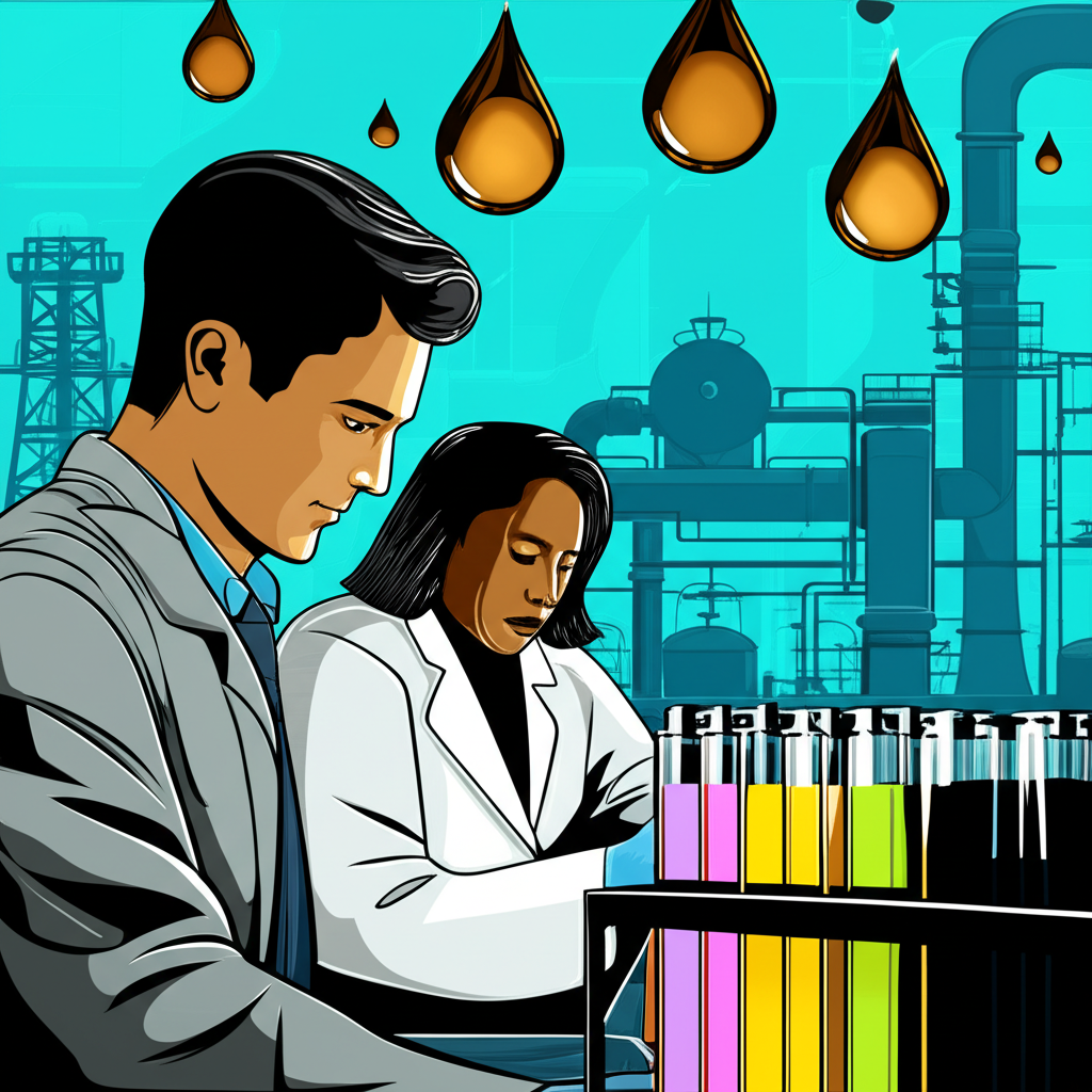 Technician analyzing oil samples in a lab with factory machinery and oil drops