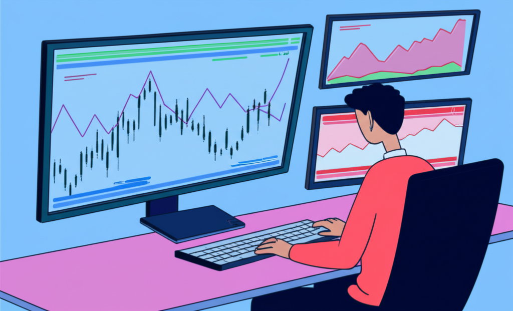 Illustration of a person analyzing Forex charts with emerging patterns predicting price movements and market volatility