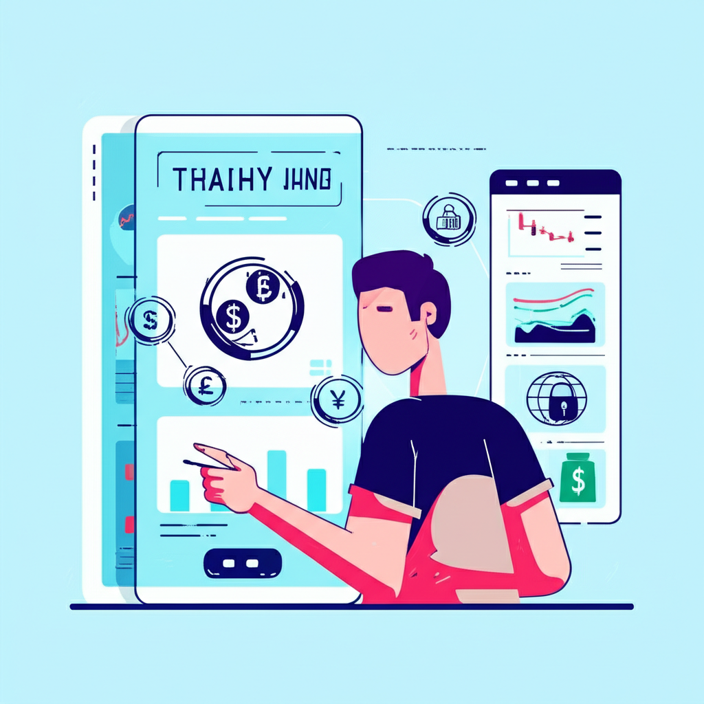 illustration of a Thai trader on a secure digital platform with currency charts global market symbols representing safe investing