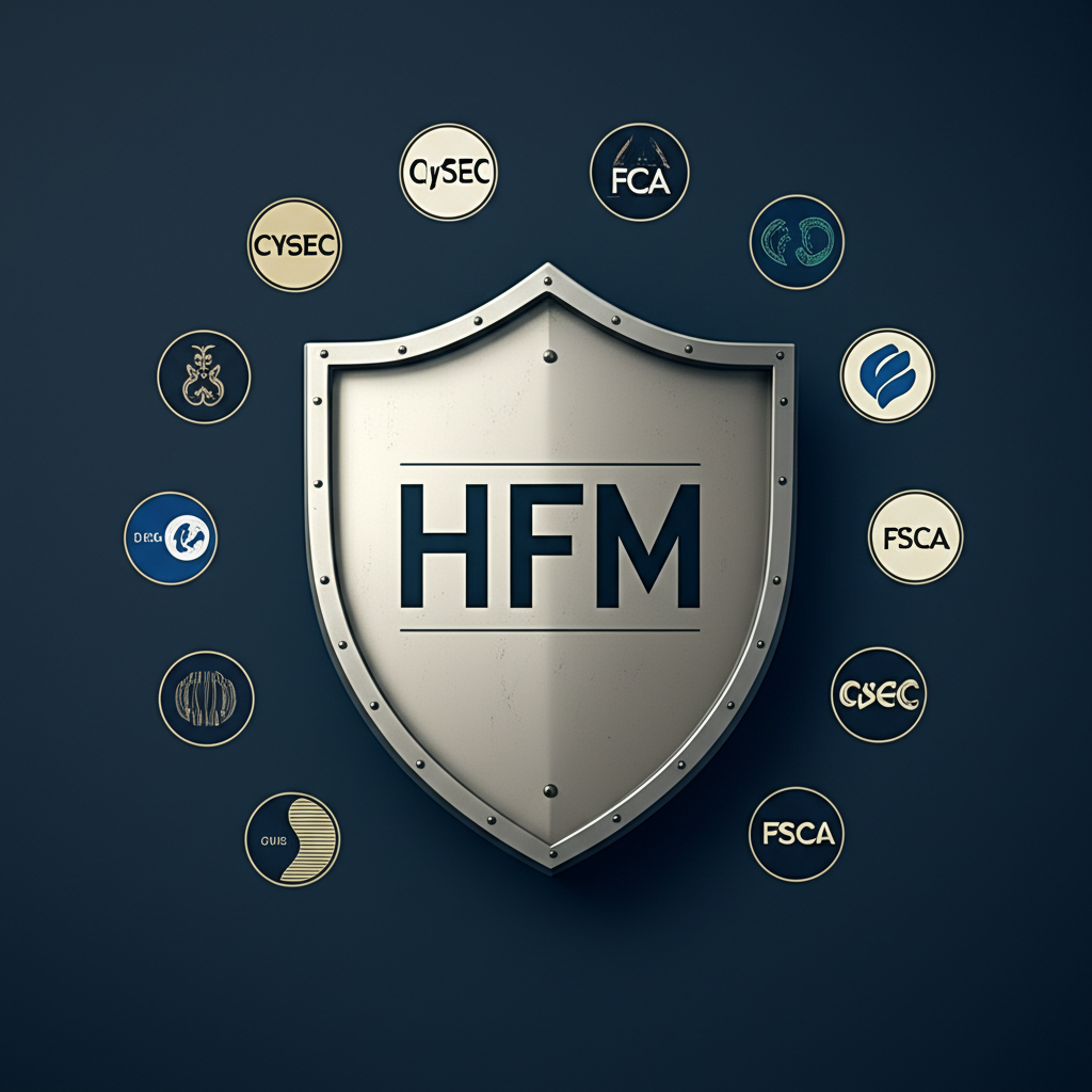 ภาพประกอบโล่ป้องกันพร้อมโลโก้ HFM ล้อมรอบด้วยโลโก้หน่วยงานกำกับดูแลเช่น CySEC และ FCA ที่ปกป้องเงินทุน