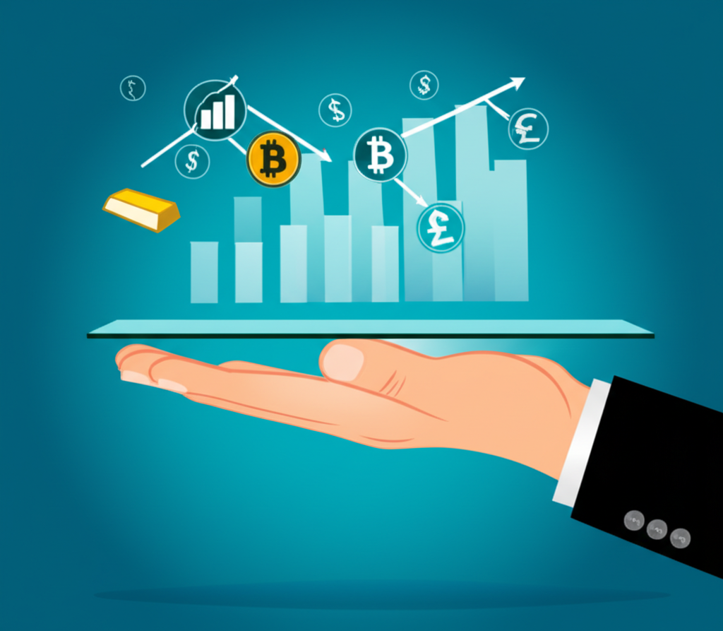 ภาพประกอบมือกำลังชี้กราฟแสดงสินทรัพย์เช่นหุ้น คริปโต Forex และทองคำ พร้อมลูกศรขึ้นลงและสัญลักษณ์เงิน