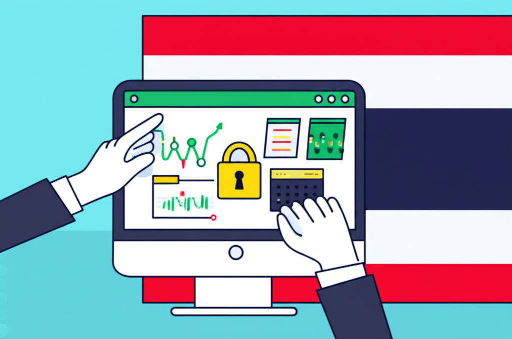 Thai trader selecting a secure forex broker on computer with Thai flag