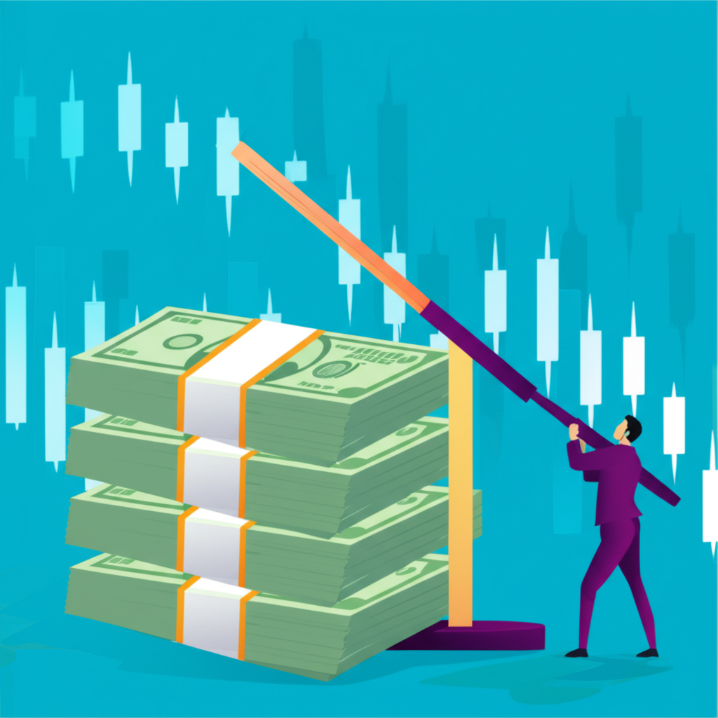 ภาพประกอบการใช้เลเวอเรจในตลาด Forex ที่แสดงนักเทรดใช้คันโยกเล็กๆ ยกเงินจำนวนมาก สื่อถึงอำนาจและแรงฉุดของเลเวอเรจ