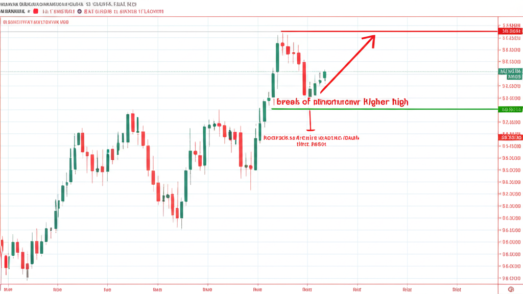 ภาพประกอบแนวโน้มขาขึ้นบนกราฟฟอเร็กซ์พร้อมลูกศรชี้การทะลุโครงสร้างจุดสูงสุดใหม่