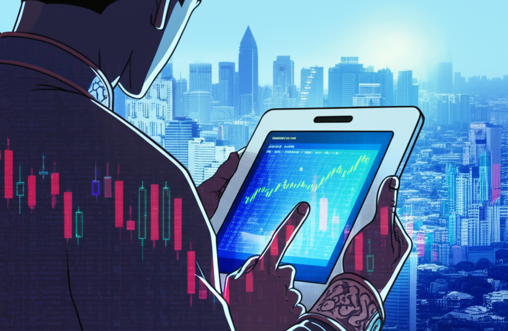 an illustration of a Thai trader analyzing forex charts on a tablet with a Bangkok skyline future trading