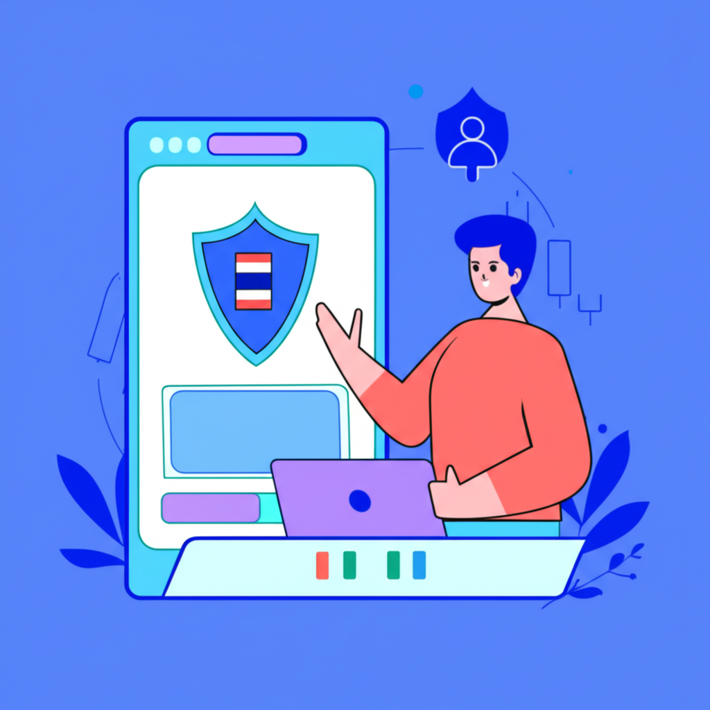 ภาพประกอบแพลตฟอร์มดิจิทัลที่ปลอดภัยพร้อมไอคอนโล่ สื่อถึงโบรกเกอร์ Forex ที่เชื่อถือได้ช่วยเหลือเทรดเดอร์ไทย