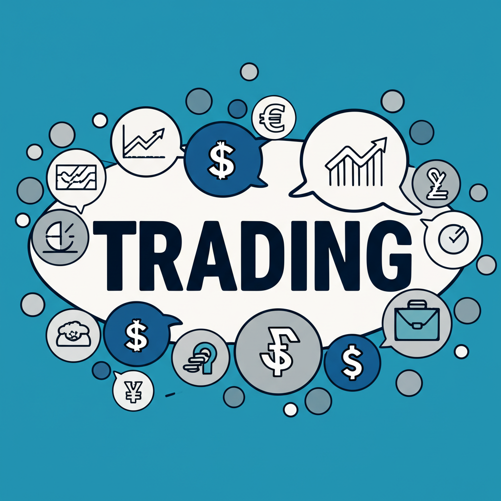 ภาพประกอบคำว่า Trading พร้อมฟองความคิดที่บรรจุสัญลักษณ์การเงินและพาณิชย์หลากหลาย