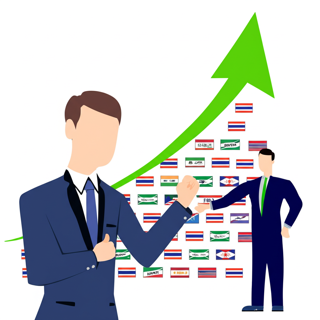 ภาพกราฟแสดงการเติบโตของตลาด Forex ทั่วโลก พร้อมนักลงทุนชาวไทยที่กำลังเลือกโบรกเกอร์ที่เชื่อถือได้