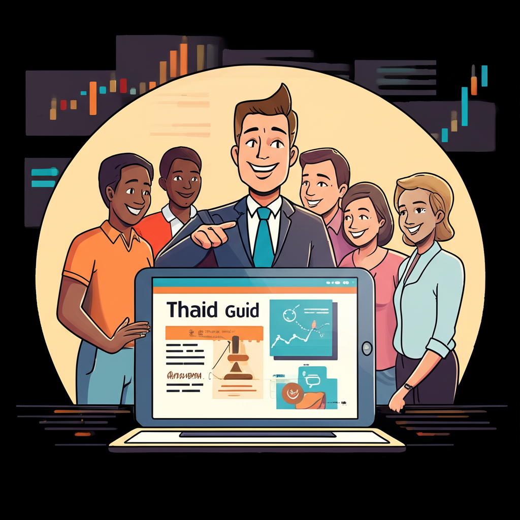 An illustration of a friendly mentor guiding a diverse group of Thai forex traders through a comprehensive digital guide on a tablet surrounded by financial graphs