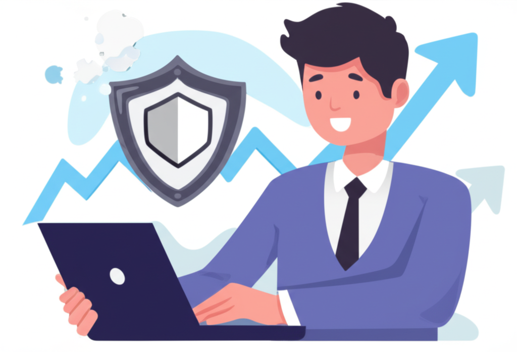 Illustration Thai trader confidently choosing a secure forex broker with a shield icon and growth charts