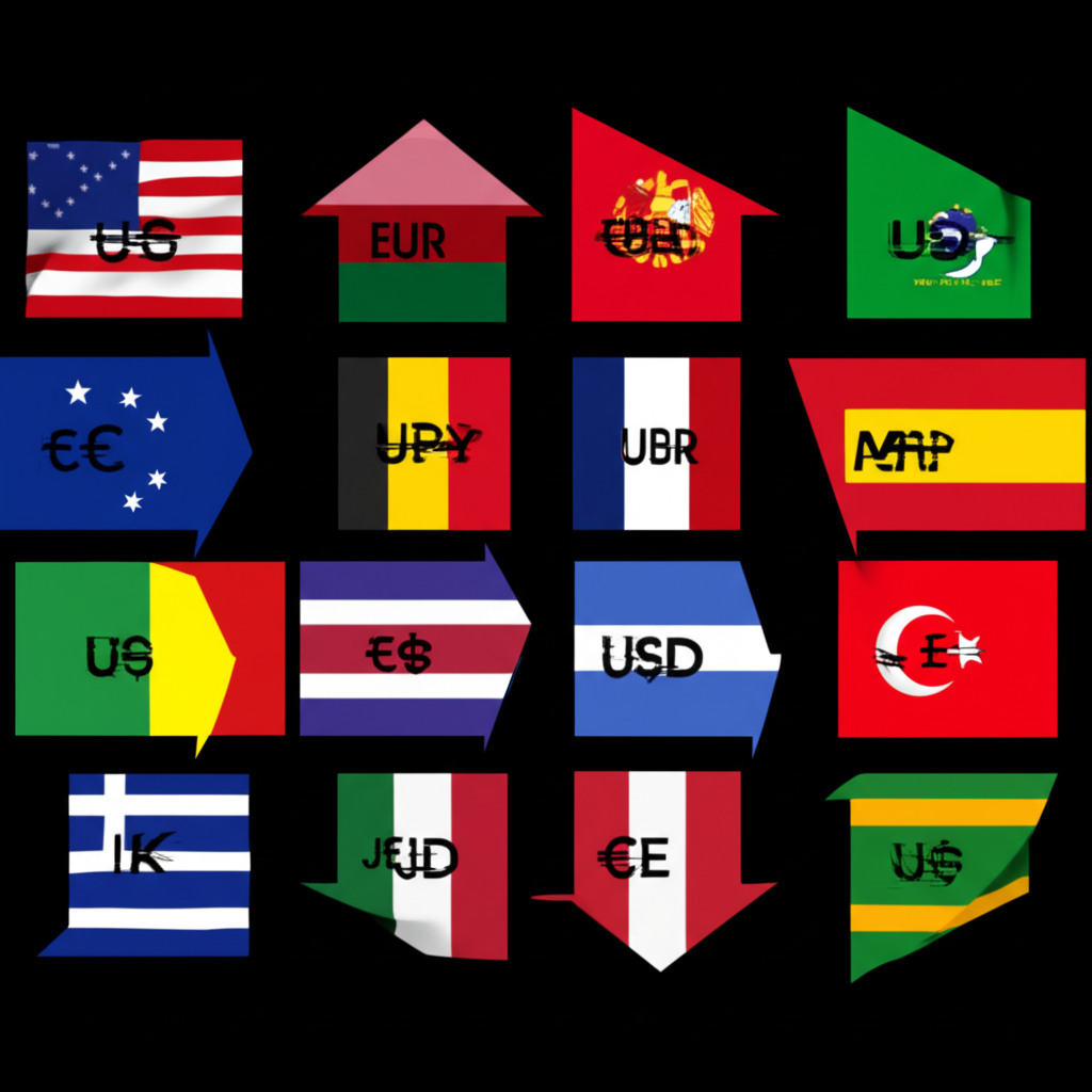 Various currency pairs with exchange rate arrows illustration