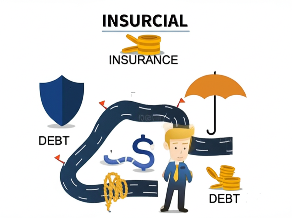 Illustration of financial planning components like savings investments debt and insurance surrounding a person