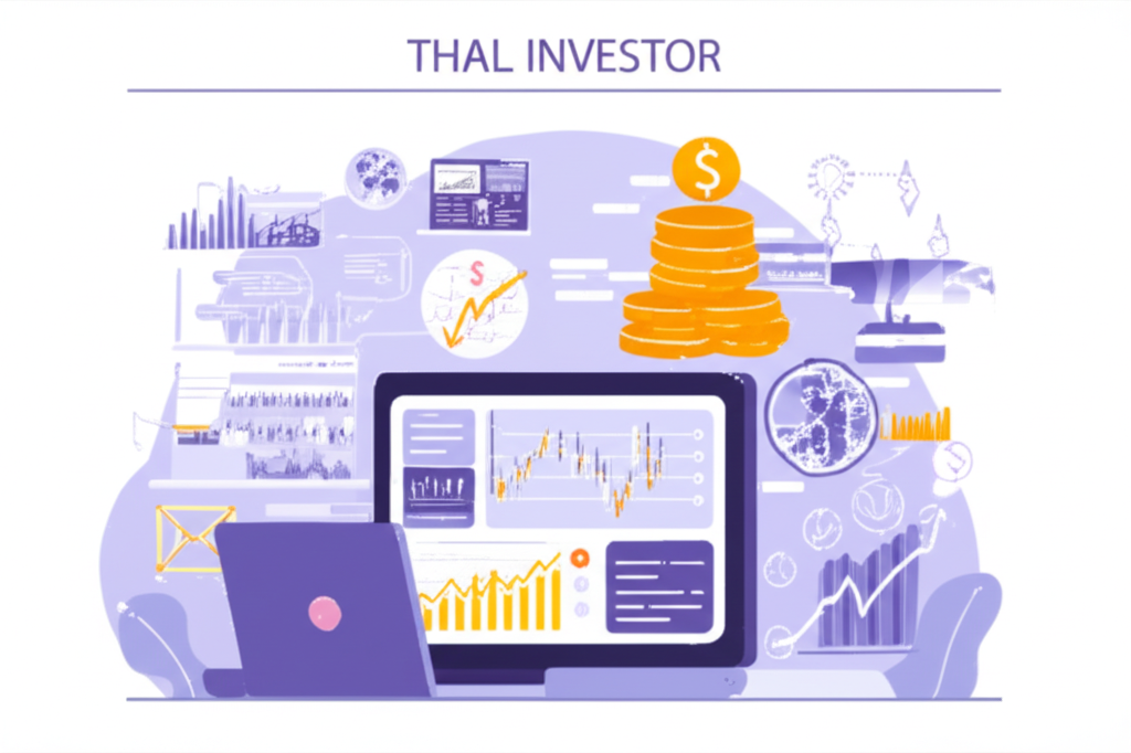 นักลงทุนชาวไทยกำลังซื้อขายตลาดการเงินทั่วโลก เช่น ฟอเร็กซ์ และหุ้น ผ่านแล็ปท็อป มีกราฟแสดงแนวโน้มกำไร