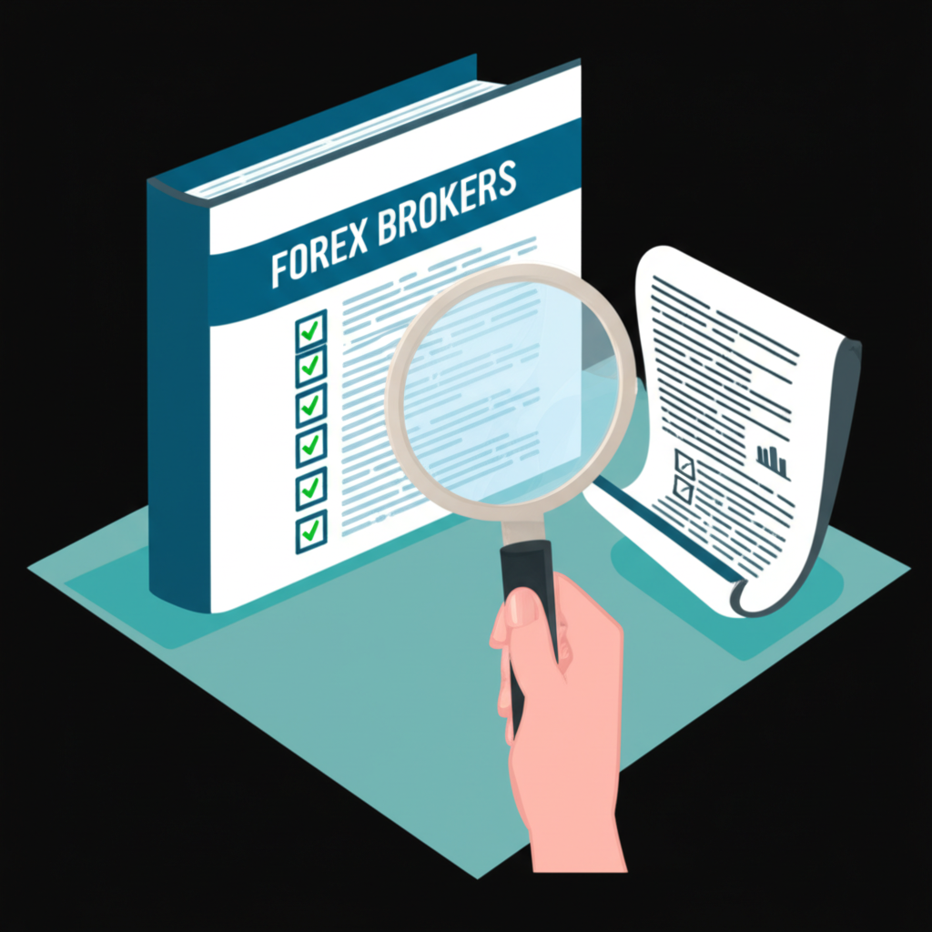 An illustration of a person studying a comprehensive guide about forex brokers with a magnifying glass and a checklist