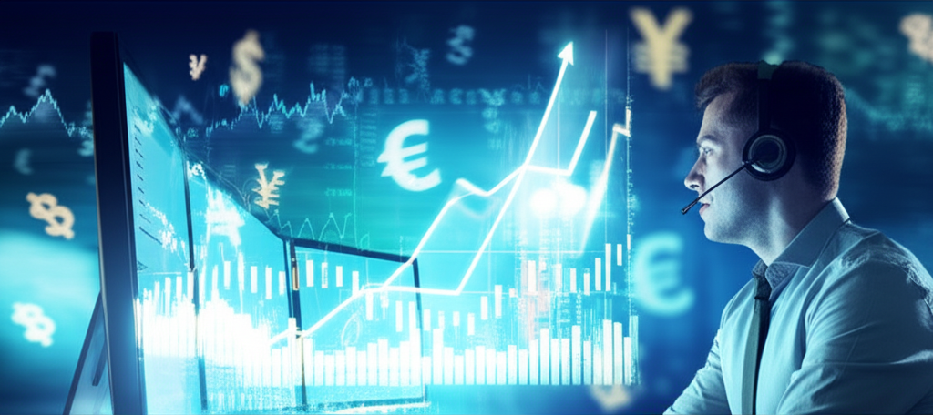 ภาพประกอบนักเทรดกำลังดูหน้าจอกราฟการเงินพร้อมสัญลักษณ์เงินตราที่ไหลเวียน