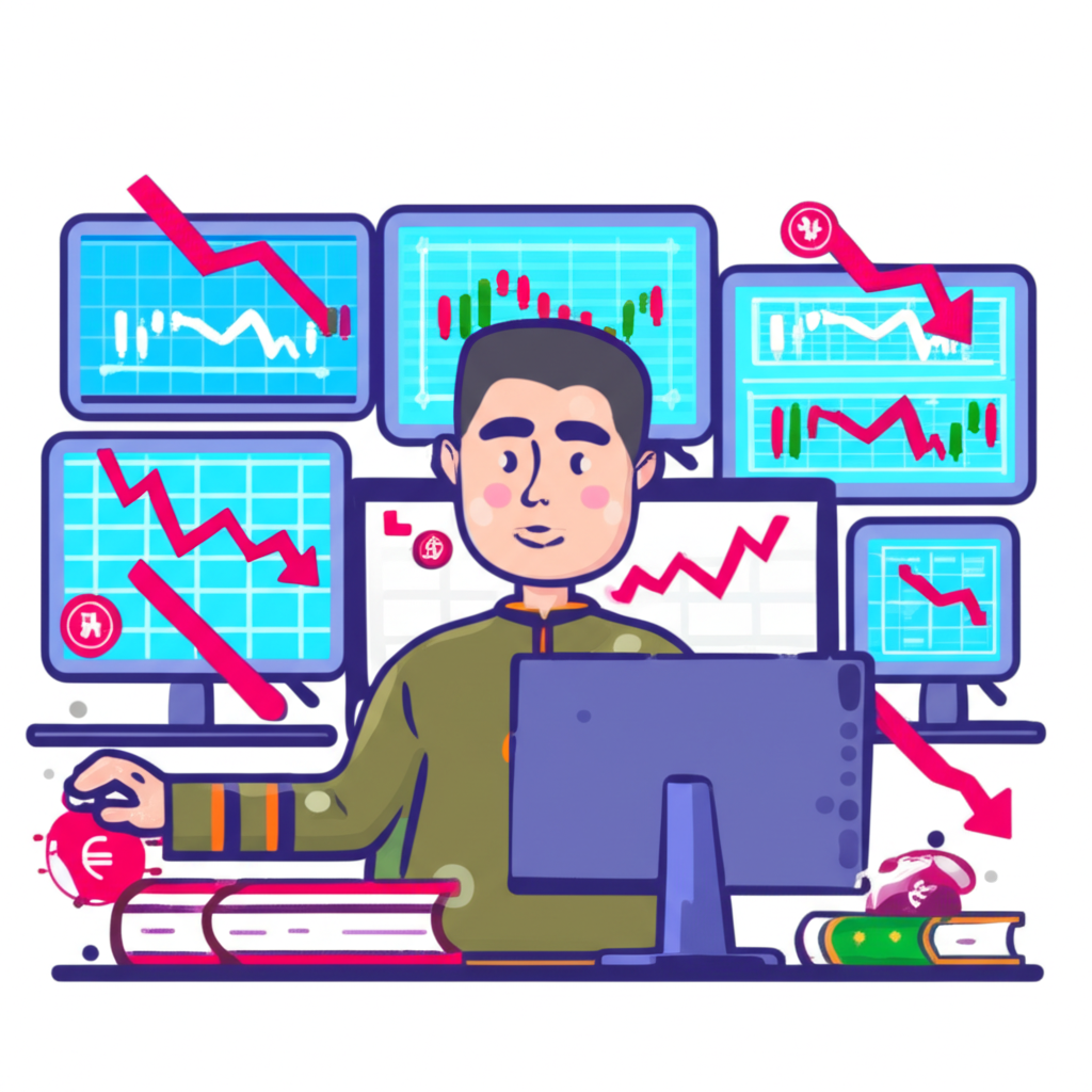illustration of a thai trader in front of multiple screens analyzing forex charts with decreasing cost symbols