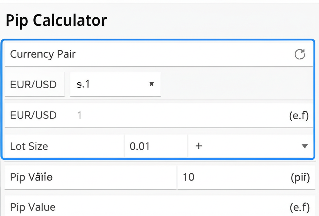 A Pip Calculator screen displaying currency pair values and lot sizes for accurate pip calculation illustration