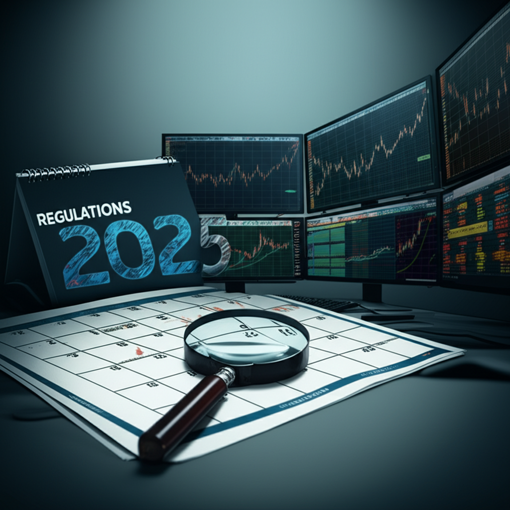 Modern forex trading setup with 2025 calendar, regulatory magnifying glass, and trusted broker