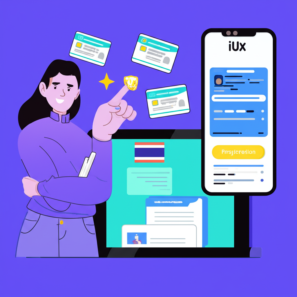 illustration of a thai person easily registering for an iux forex account with digital documents