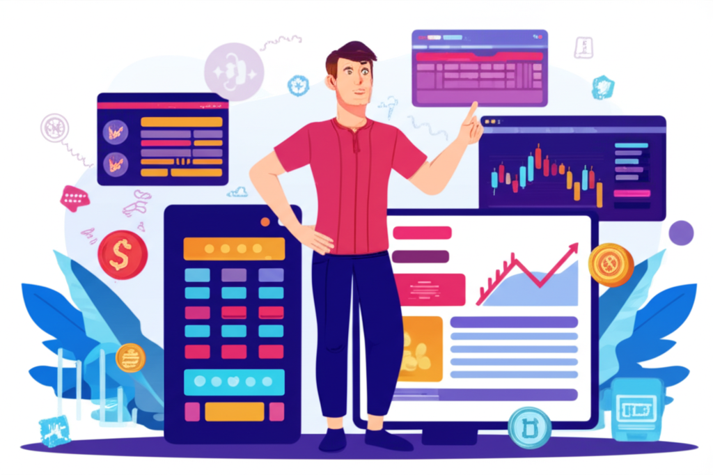 Thai trader confidently selecting forex broker with diverse platforms and profit charts