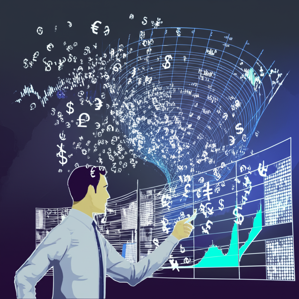 illustration a trader looking at complex forex charts with currency symbols flowing around them market analysis