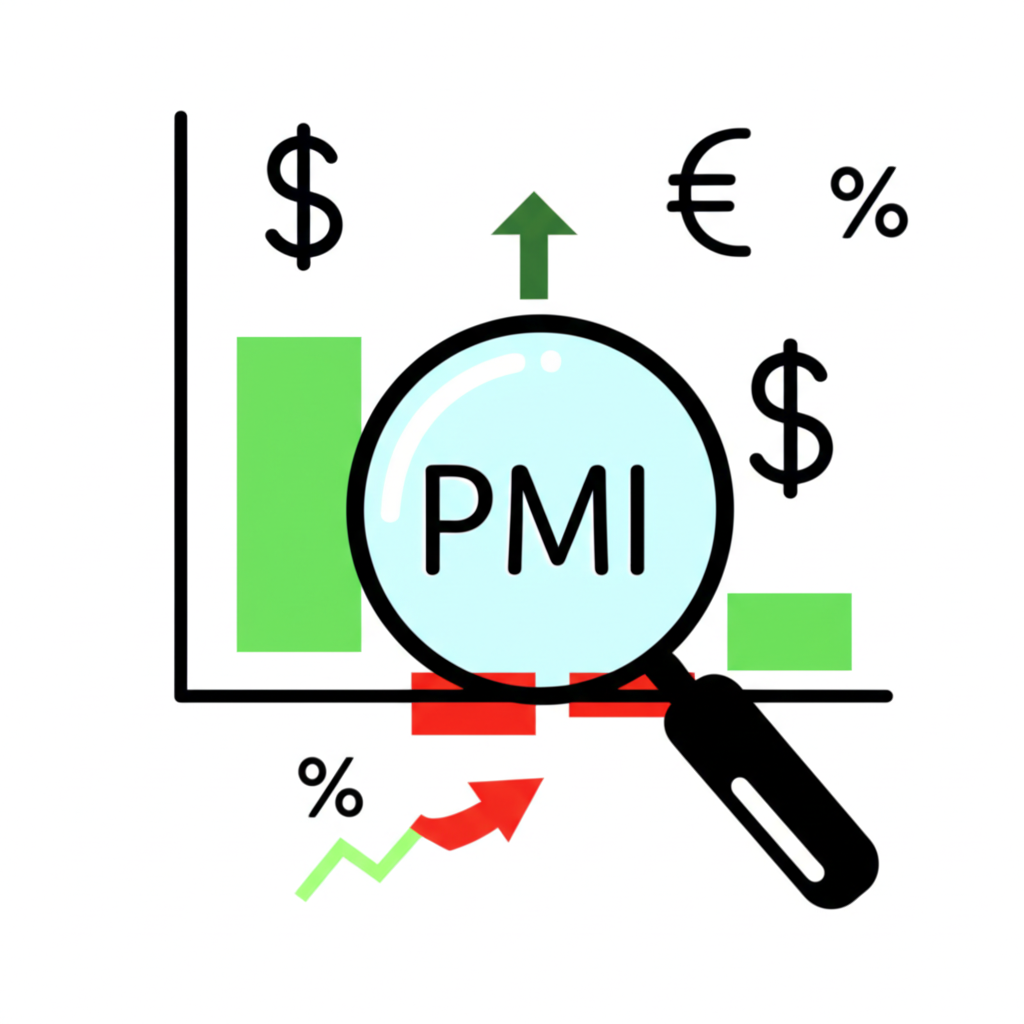 ภาพประกอบของแว่นขยายบนกราฟ PMI แสดงสัญลักษณ์เศรษฐกิจที่เติบโตและถดถอย
