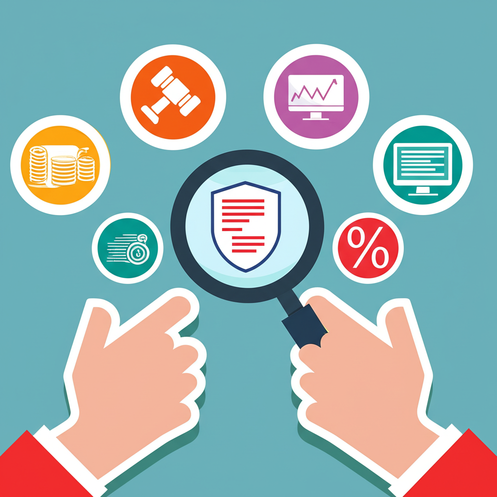 ภาพประกอบมือถือแว่นขยายเหนือไอคอนต่างๆ ที่แสดงเกณฑ์สำคัญในการเลือกโบรกเกอร์ Forex เช่น การกำกับดูแล ค่าใช้จ่าย และแพลตฟอร์ม