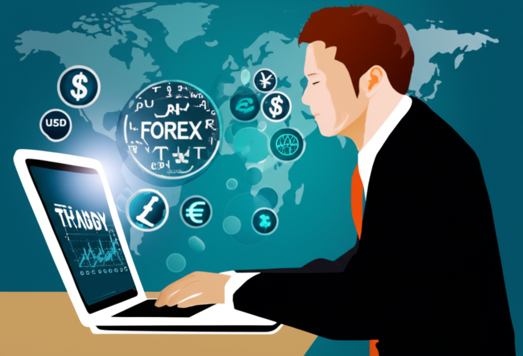 นักลงทุนชาวไทยกำลังเทรด Forex อย่างมั่นใจด้วยสัญลักษณ์สกุลเงินทั่วโลก แสดงโอกาสทางการตลาด