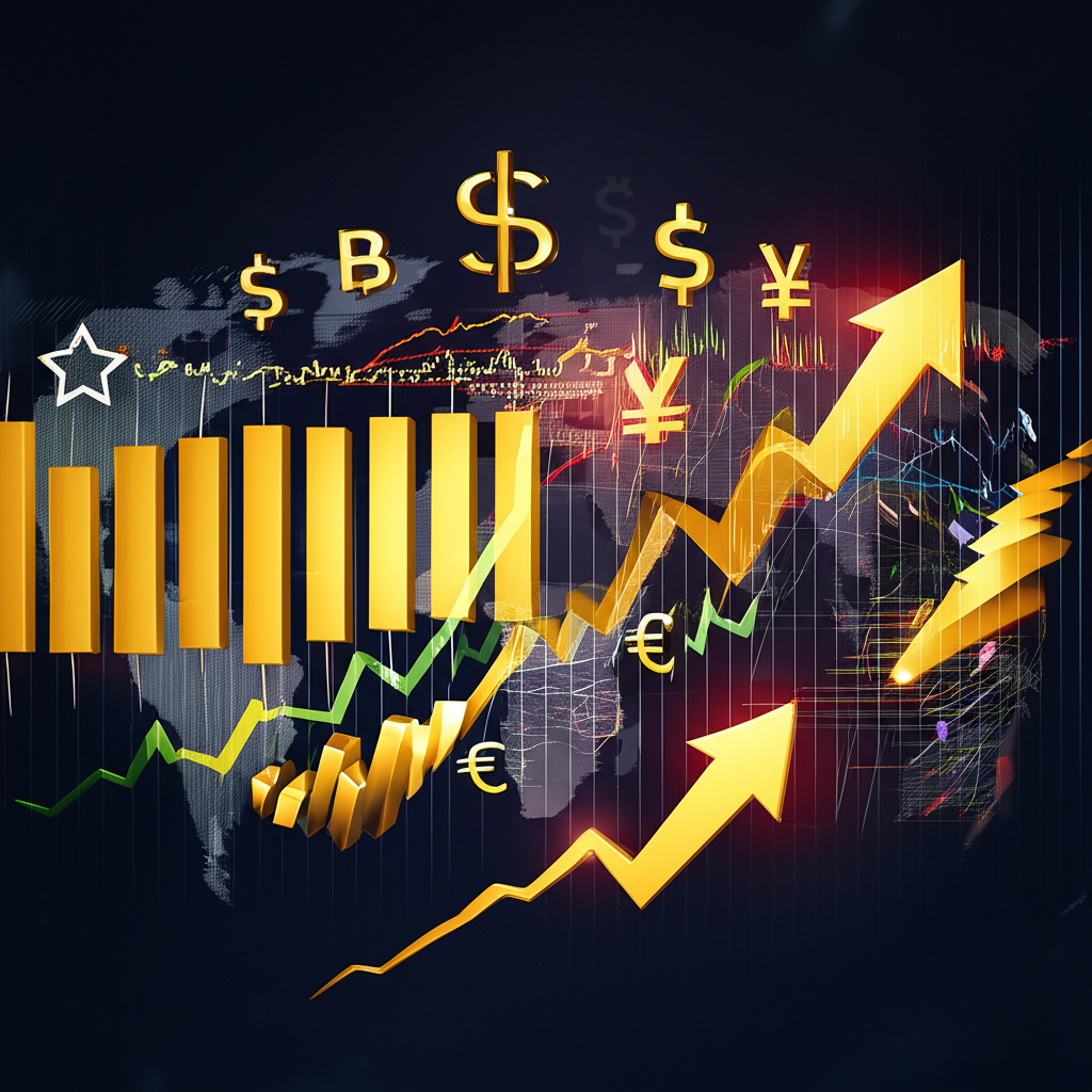 ภาพรวมตลาดทองคำและฟอเร็กซ์ระดับโลกพร้อมกราฟและสัญลักษณ์เศรษฐกิจที่แสดงการเปลี่ยนแปลงรวดเร็ว